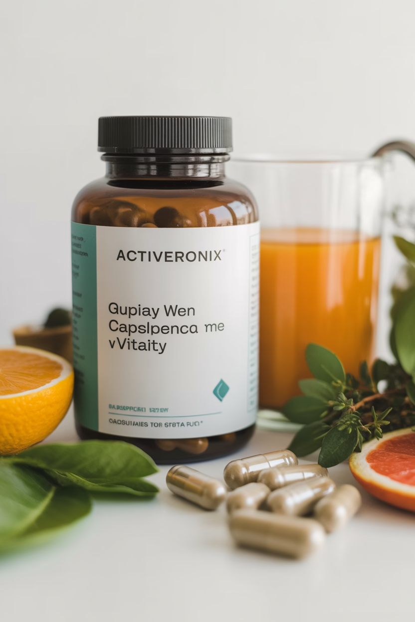 Activeronix supplement bottle with capsules for daily well-being and vitality